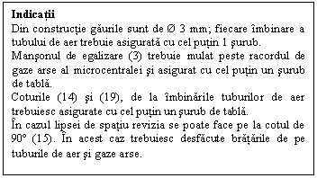 Text Box: Indicatii
Din constructie gaurile sunt de  3 mm; fiecare mbinare a tubului de aer trebuie asigurata cu cel putin 1 surub.
Mansonul de egalizare (3) trebuie mulat peste racordul de gaze arse al microcentralei si asigurat cu cel putin un surub de tabla.
Coturile (14) si (19), de la mbinarile tuburilor de aer trebuiesc asigurate cu cel putin un surub de tabla.
n cazul lipsei de spatiu revizia se poate face pe la cotul de 90 (15). n acest caz trebuiesc desfacute bratarile de pe tuburile de aer si gaze arse.

